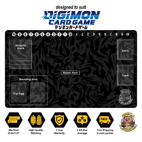 Black Swirl Design - Digimon Quokka TCG Playmat - Digimon Card Outlines / Black Stitched / 4mm