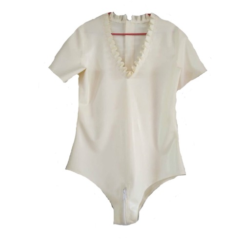 MCWJ Latex Anzug Gummi Weißer Catsuit Enger Sportswear Reißverschluss mit Spitze Größe XXS~XXL - XL