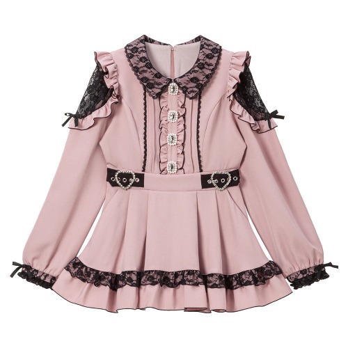 キラキラビジューレース重ねフリルワンピース | チュニック　ピンク / LL