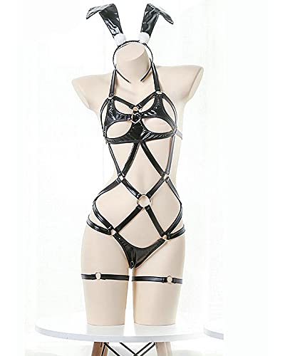 MEOWCOS Women’s Bunny Girl Costume Hollow Three-Point Bodysuit with Hairband and Leg Rings (black, One Size)