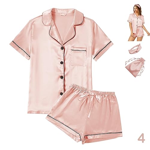 4Pcs Womens Satin Silky Pajama Sets Short Sleeve Shirt XS-4XL Floral Pajamas Set Soft PJ Loungewear Sleepwear - Medium - Blush-b