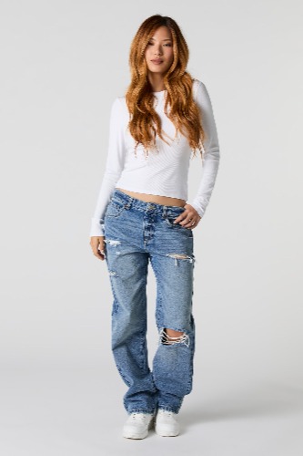 Distressed Slouchy Straight Leg Jean | Denim Blue / 0
