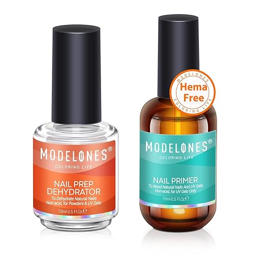 modelones 15 ml Nail Dehydrator and Primer, Acid Free Base Coat Natural Nail Prep Dehydrate & Bond Primer Kit, Hema-Free Acrylic Nail Supplies Primer - D-2Pcs Nail Primer Set