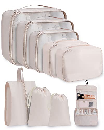 9-en-1 Set de Rangement Valise de Packing Cubes, Organisateur Valise pour le Voyage et le Stockage, Nouvelle Mise à Niveau Sac de Rangement Voyage Ripstop Multifonctionnel Étanche à Double Couture - Beige