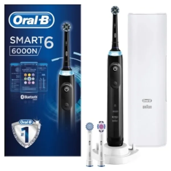 Oral-B Smart 6 Electric Toothbrush with Smart Pressure Sensor, App Connected Handle, 3 Toothbrush Heads  Travel Case, 5 Mode Display with Teeth Whitening, 2 Pin UK Plug, 6000N, Black