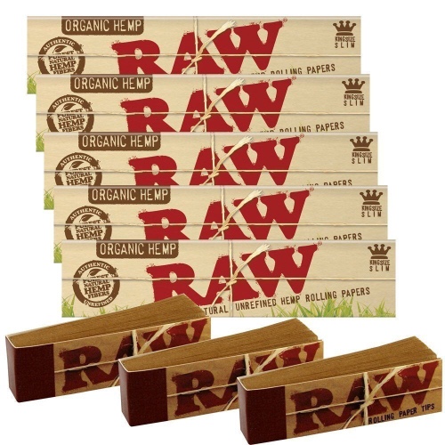 5 RAW Organic Hemp Kingsize Slim Rolling Papers &amp; 3 Raw Tips -Authentic UK Stock