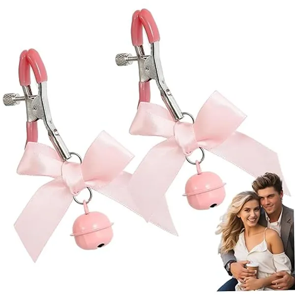 1 Pair Nipple Clamps Adjustable Bell Bow Nipple Clips Alloy Body Clips Non Piercing Cute Body Chain Clip with Bowknot and Bell for Body Decorative