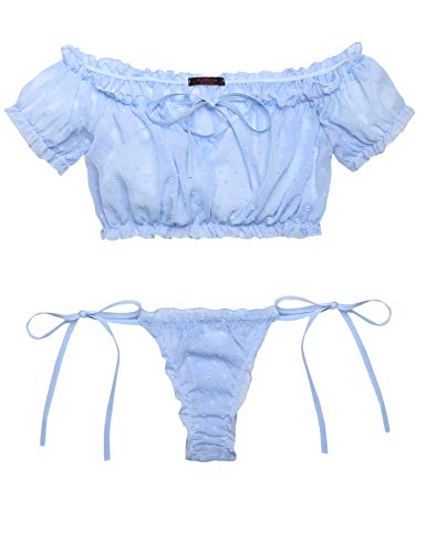 Avidlove Bra and Panty Set Ruffle Lingerie Set Mesh Babydoll Chemise - Blue - Medium