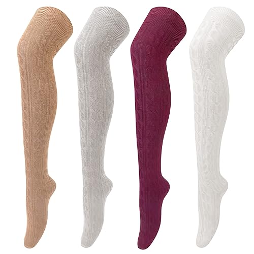4 Pairs Thigh High Socks for Women Knit Long Over the Knee Socks Knee High Socks Gifts - Large - E-beige/Grey/Wine/Cream White