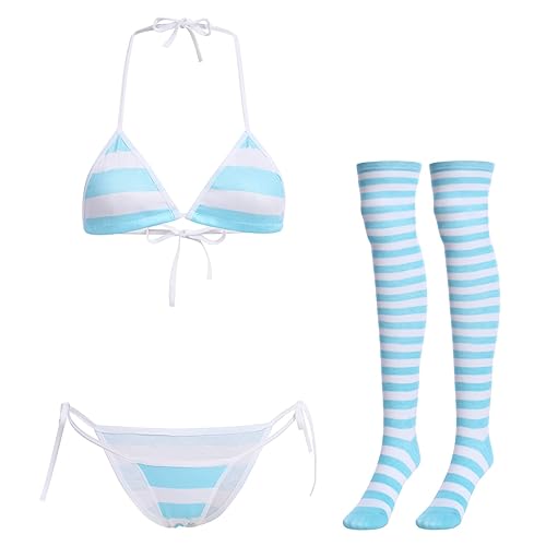 Women Kawaii Anime Lingerie Set Halter Strap Micro Bra Tiny Panty Garter Belt Striped Stockings 4Pcs Underwear Outfit - One Size - Blue + White - Halter