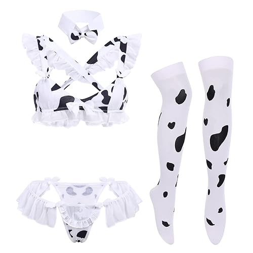 IMEKIS Women's Sexy Anime Cow Maid Costume Teddy Lingerie Set Lolita Japanese Cosplay Mini Bikini Bra Underwear Kawaii Outfit - One Size - Cow Print Maid