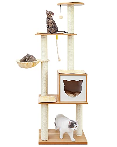 Made4Pets Cat Tree for Indoor Cats Modern Cat Tower 65" Tall Wood Kitten Condo with Hammock for Small Large Cats, Multi-Level Cat Climbing Furniture with Scratching Post and Removable Pads