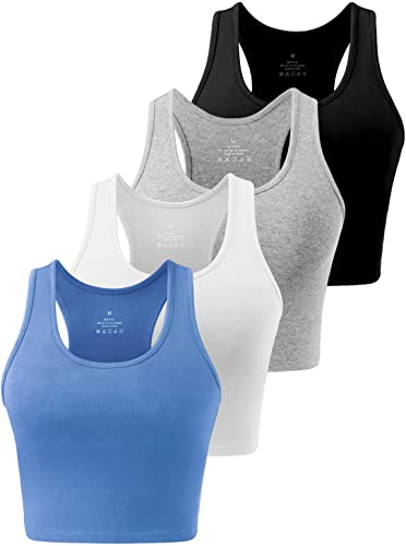 Star Vibe 4 Pack Cotton Crop Racerback Tank Tops for Women Basic Workout Crop Tanks Sleeveless Cropped Sport Shirts - XL - Black/Light Grey/White/Blue