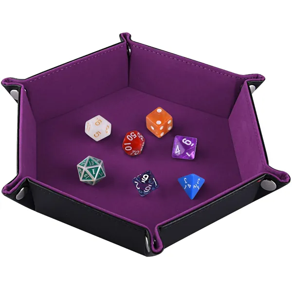 SIQUK Double Sided Dice Tray, Folding Hexagon PU Leather and Dark Violet Velvet Dice Holder for Dungeons and Dragons RPG Dice Gaming D&D and Other Table Games