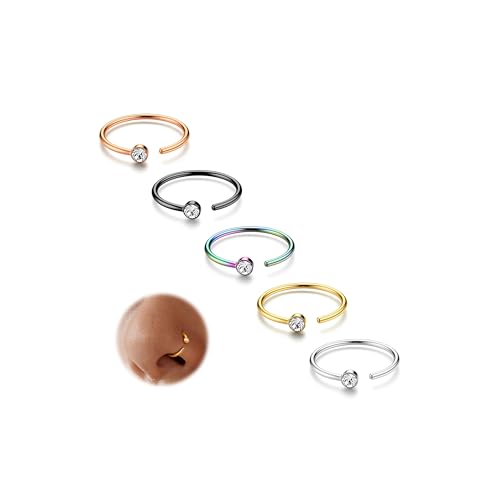 ORAZIO 5-12Pcs 20G Stainless Steel Nose Ring Hoop CZ Body Ear Piercing 5 Mixed Colors - A:5Pcs (20G,Inner Diameter:8mm)