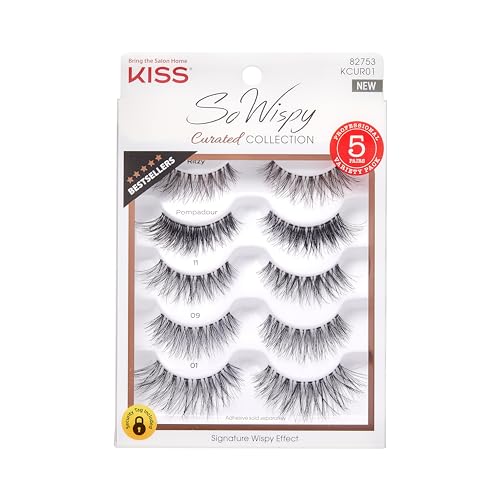KISS So Wispy Curated Collection of Bestselling False Eyelash Styles Multipack, Volume & Curl, Lash Extensions Look, Signature Wispy Effect, Cruelty Free, Reusable, Contact Lens Friendly, 5-Pair - So Wispy Variety