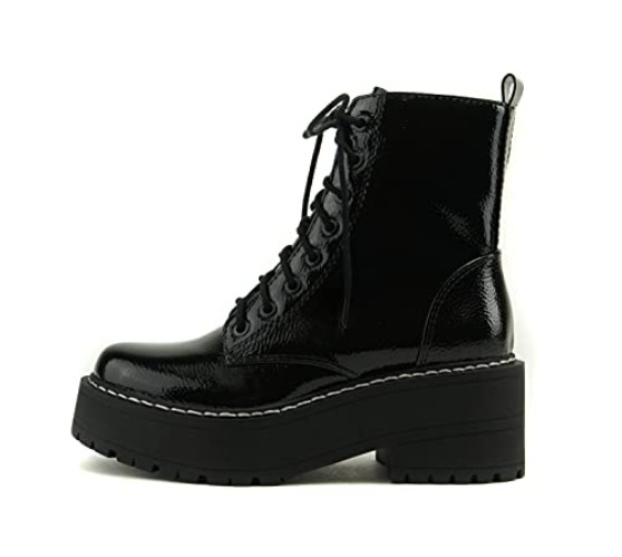 Soda FLING Women Chunky Lug Sole Lace up Fashion Combat Ankle Boot w/Side Zipper - 8 - Black Patent