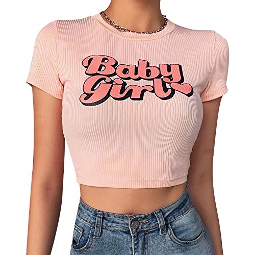 WangsCanis Women´s Casual Basic Summer Short Sleeve Sexy Graphic Letters Print Crop Top Round Neck Ladies´ Streetwear Fashion Casual Solid T-Shirt (Pink, S)