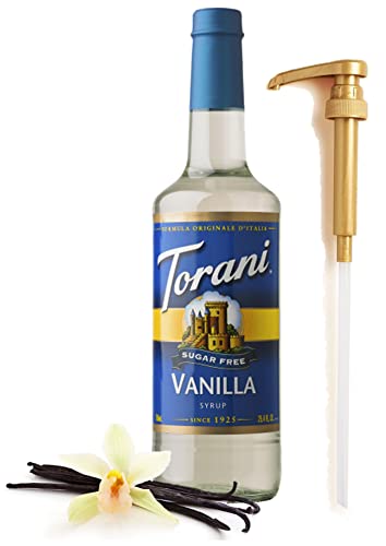 Torani Sugar Free Vanilla Syrup for Coffee 25.4 Ounces for Vanilla Flavored Syrup with Fresh Finest Syrup Pump Dispenser - Vanilla