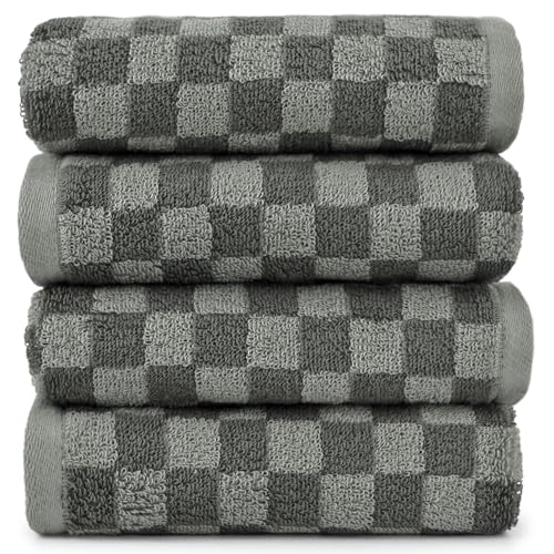 Jacquotha Soft Hand Towels 4 Pack, Grey Checkered Face Towel Set for Bathroom Kitchen, Decorative Quick Dry Towel 13x29 Inches - Grey
