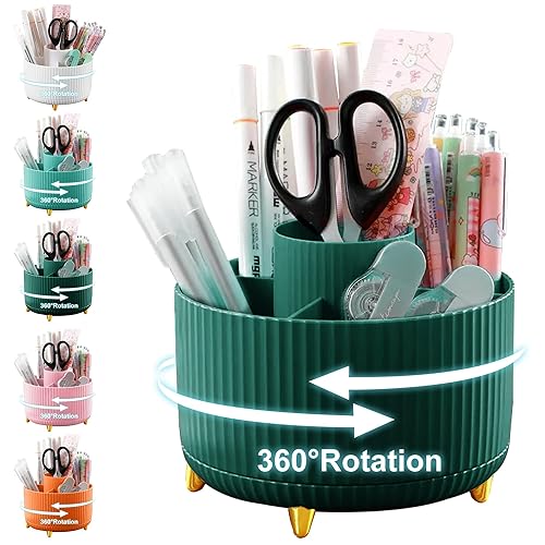 Cayxenful Pencil Holder For Desk,5 Slots 360°Degree Rotating Desk Organizers And Accessories,Desktop Storage Stationery Supplies Organizer, Cute Pencil Cup Pot For Office, School, Home (A-Green) - A-Green