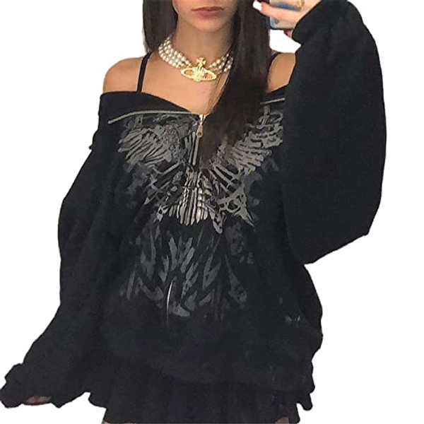 Zempertoopa Women Y2k hoodie Zip up Oversized Top Gothic Clothes Alt Sweatshirt Aesthetic Long Sleeve Vintage Punk Blouse