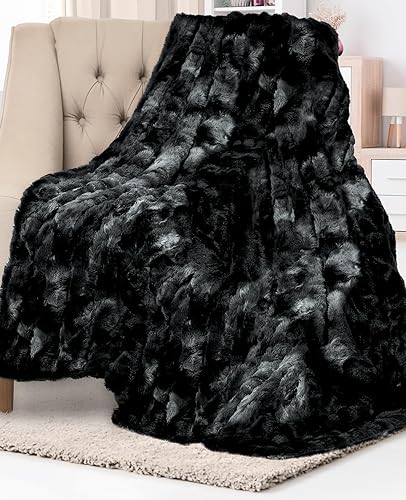 Everlasting Comfort Faux Fur Throw Blanket - Soft, Fluffy, Fuzzy, Plush, Thick, Minky Throws - H. Black - Faux Fur