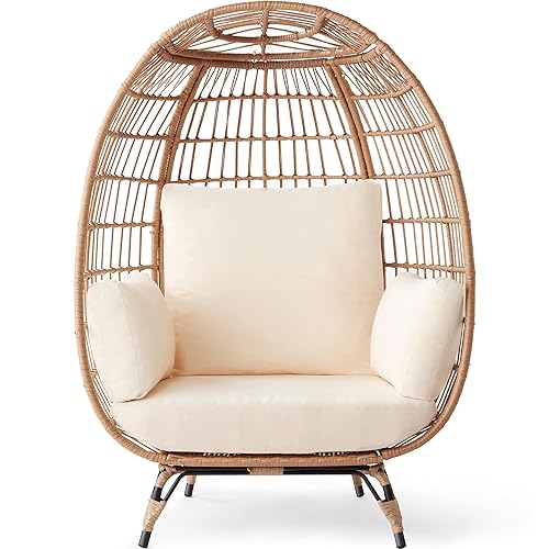 Best Choice Products Wicker Egg Chair, Oversized Indoor Outdoor Lounger for Patio, Backyard, Living Room w/ 4 Cushions, Steel Frame, 440lb Capacity - Ivory - Ivory - Standard