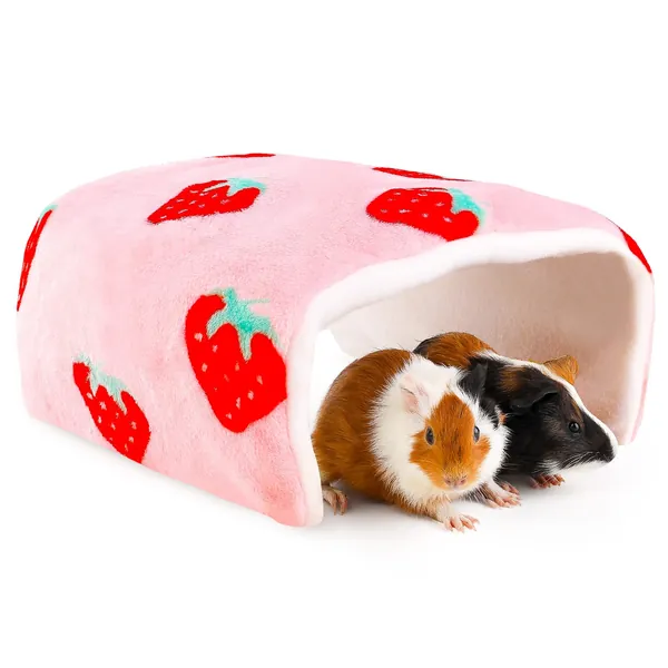 ONEJU Guinea Pig Hideout, Hideout for Guinea Pig, Guinea Pig Hideouts, Guinea Pig Tunnel, Guinea Pig Cage Accessories for Guinea Pig, Bunny, Hamster, Chinchilla, Rabbit - Strawberry Pattern