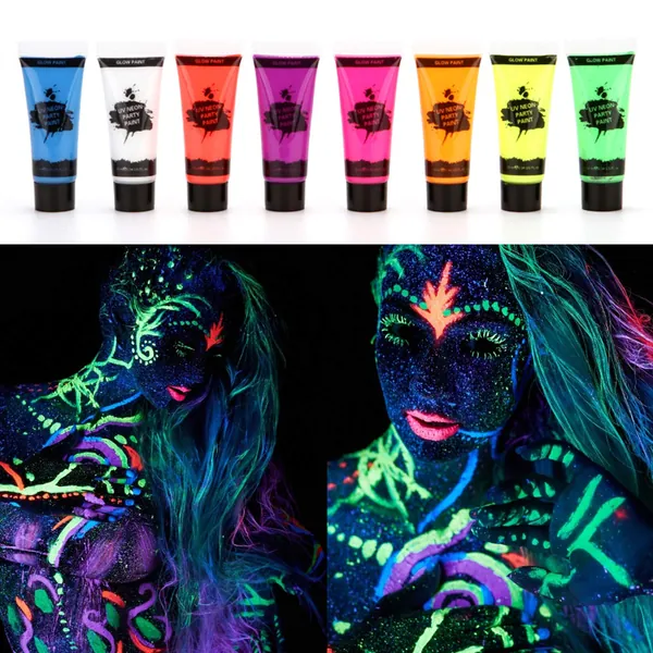 8 Tubes 10ml/0.34oz UV Neon Face & Body Paint 8 Colors Neon Fluorescent UV Blacklight Glow Safe Non-Toxic Bodypaint for Halloween Costume Makeup Club Festival Party ALKOY