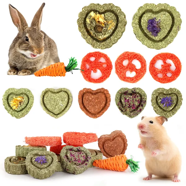 PAWCHIE Natural Timothy Hay Toys,11pcs Snacks Chew Toys,Pet Chew Treats for Guinea Pigs, Rabbits, Bunny, Chinchilla, Hamsters, with Timothy Hay/Loofah/Carrot Hanging Toys