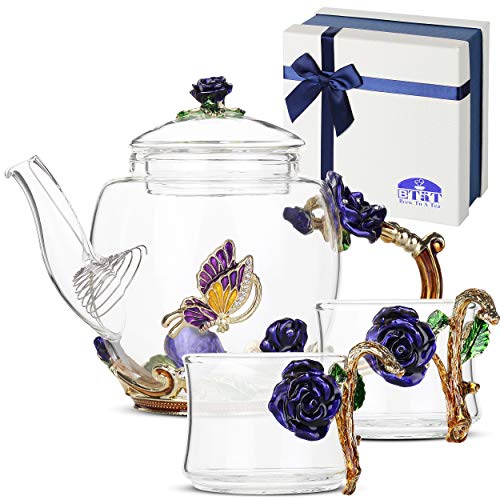 BTaT- Floral Glass Tea Set, 2 Fancy Cups, Tea Pot Glass, Tea Pot, Glass Teapot, Small Glass Tea Set for Adults, Glass Tea Kettle Set, Glass Tea Cup, Pretty Tea Cup, Fancy Tea Set, Mother's Day Gift