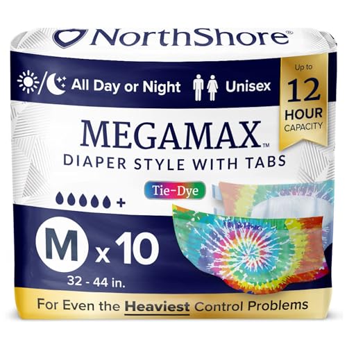 NorthShore MegaMax Adult Overnight Diapers, 12-Hour Tab-Style, Medium, 10 Count Bag, Tie-Dye, 32-44 inches, Unisex Incontinence Underwear - Tie-dye - Medium (10 Count)