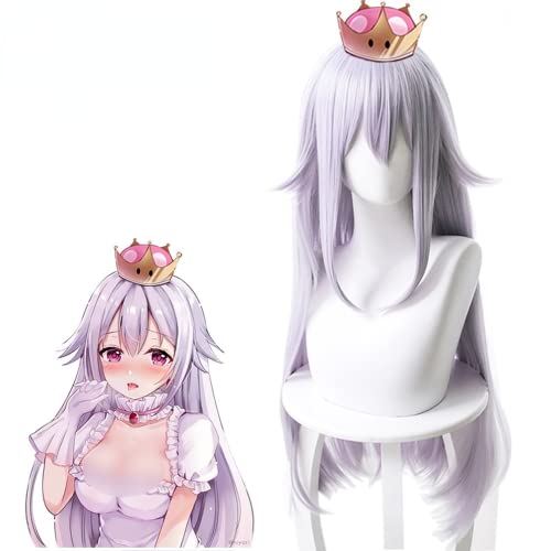 Anime Cosplay Wig, Bowsette Booette Princess Teresa Wig, Grayish purple Long Straight Hair with Free Wig Cap, for Halloween, Party, Carnival, Nightlife, Concerts, Weddings