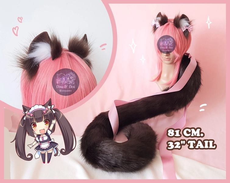 Nekopara CHOCOLA Inspired - Kawaii Small Kitten Ears, Cat Ears Headband and Long Tail Set for Costume, Cosplay, Pet Play by DonaAndDevi
