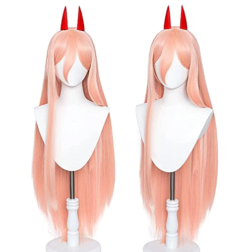 Anime Power Cosplay Wig for Chainsaw Man, Women Update Long Straight Halloween Wig with Two Horns Halloween Party Costume+ Wig Cap