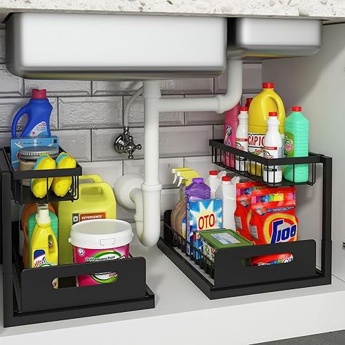 REALINN Under Sink Organizer and Storage, 2 Pack Pull Out Cabinet Organizer Slide Out Sink Shelf Cabinet Storage Shelves, Under Sink Storage for Kitchen Bathroom Cabinet - Black - 2 Pack