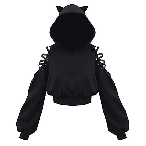 Stimazat Women's Cat Ear Hoodie Pullover Long Sleeve Off Shoulder Lace Up Sweatshirt Cute Crop Top Hoodies - X-Large - Black 01