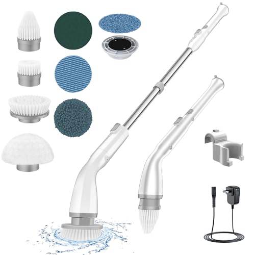 LABIGO Electric Spin Scrubber LA1 Pro, Cordless Spin Scrubber with 4 Replaceable Brush Heads and Adjustable Extension Handle, Power Cleaning Brush for Bathroom Floor Tile (White) - Crisp-white