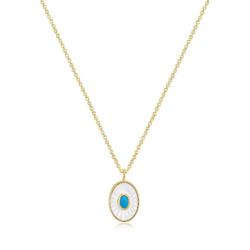 OVAL SHAPED MOP PENDANT WITH TURQUOISE STONE NECKLACE - 14K Gold Plated Sterling Silver