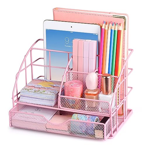 POPRUN Desk Organizers and Accessories for Women with Drawer, Cute Desk Supplies and Stationary Oganizer for Home and Office Desk Decor, Metal Mesh Desk Organization and Storage (Pink) - pink - B20