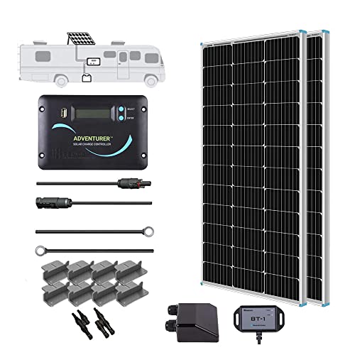 Renogy 200 Watts 12 Volts Monocrystalline RV Solar Panel Kit with Adventurer 30A LCD PWM Charge Controller and Mounting Brackets for RV, Boats, Trailer, Camper, Marine, Off-Grid Solar Power System - PWM 30A Controller - Cables+Mounts+Fuse+Cable Entry+Bluetooth Monitoring
