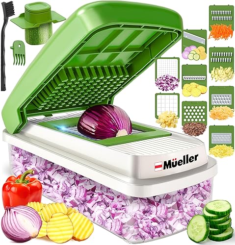 Mueller Vegetable Chopper 9 Blade, Mandoline Slicer, Food Veggie Chopper, Cheese Grater, Onion Vegetable Cutter with Container, Dicer, Kitchen Gadgets & Essentials, White Sand/Green - White Sand/Green - 9 blade