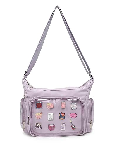 Canvas Ita Bag Crossbody Shoulder Bag Kawaii Purses and Handbags with Anime Pins Display - Purple