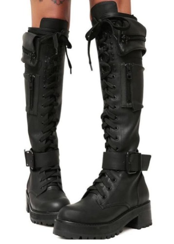 Minetom Damen Gothic Punk Plateau Stiefel Zipper Schnürboots Blockabsatz Motorrad Combat Stiefel Langschaftstiefel Ritterstiefel - 43 EU - A Schwarz