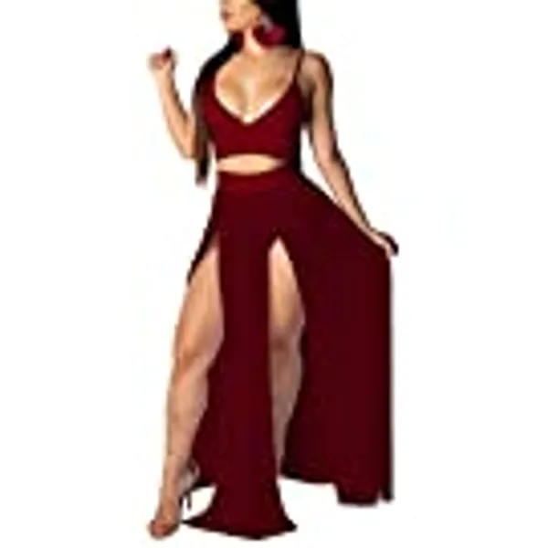 Women Sexy 2 Piece Outfits Dress Chiffon Strap Deep V Neck Bra Crop Top High Split Maxi Dresses Skirt Set