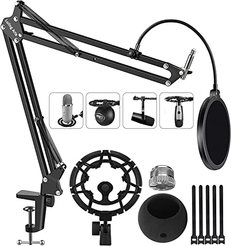 Microphone Stand for Blue Yeti, Snowball, Boom Arm Scissor Mic Stand with Shock Mount, Windscreen and Double layered Pop Filter, Heavy Duty Mic Boom Arm Stand, Broadcasting and Recording.Game - BLUE BOOM ARM WITH SHOCK MOUNT