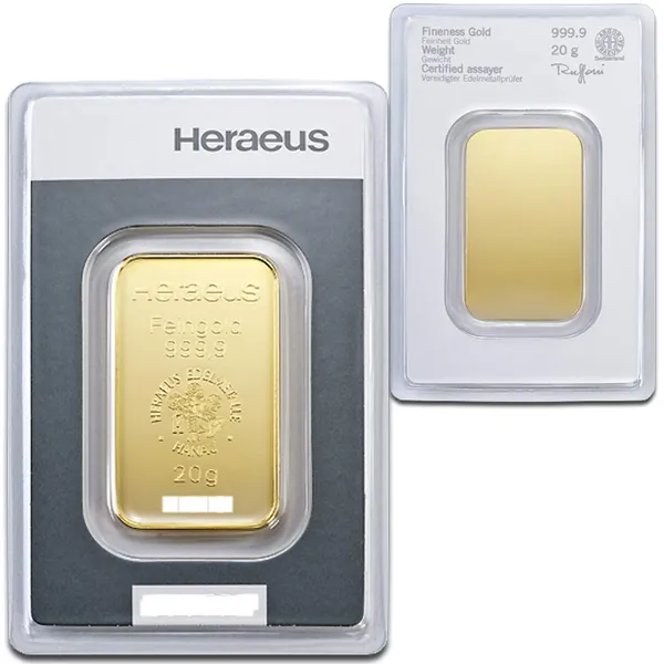 Goldbarren 20 g 20g Gramm Heraeus - Feingold 999.9 im Scheckkartenformat - LBMA Zertifiziert - Anlagegold online kaufen - Edelmetalle als Anlage und Geschenk