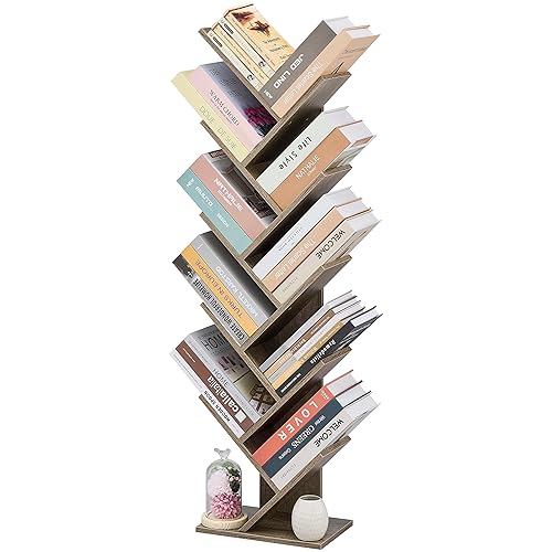 Hoctieon 10 Tier Tree Bookshelf, 10 Shelf Bookcase, Free Standing Tree Bookcase, Display Floor Standing Shelf for Books, Book Organizer Shelves for Home Office, Living Room, Bedroom, Greige - 10 Tier - Greige