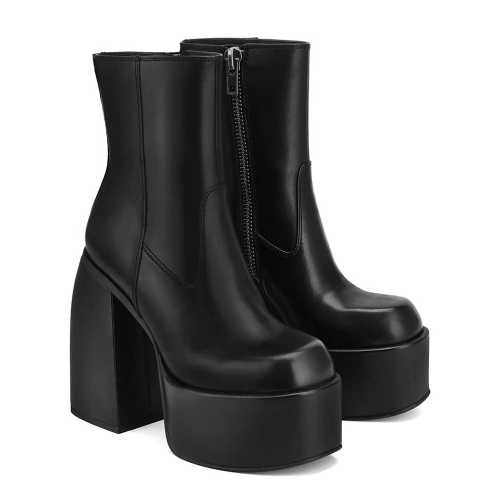VOMIRA Punk Platform Boots for Women Chunky High Heel Elastic Ankle Boots Black Block Heel Party Boots - 8 US - 5black Pu